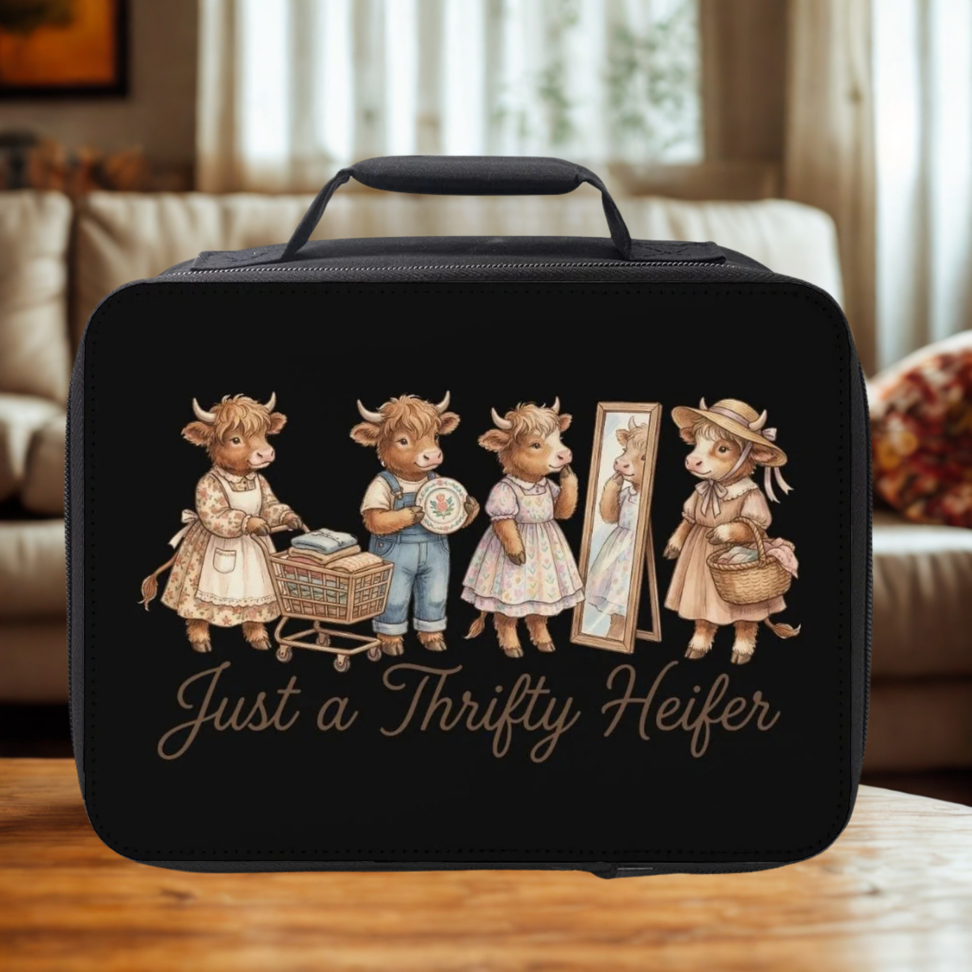 Black lunch box with cartoon cow design and text 'Just a Thrifty Heifer' on a wooden coffee table in a cozy living room.