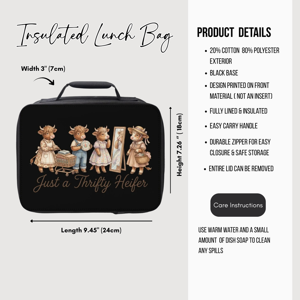 Insulated lunch bag with cartoon cow design and product details on a white background