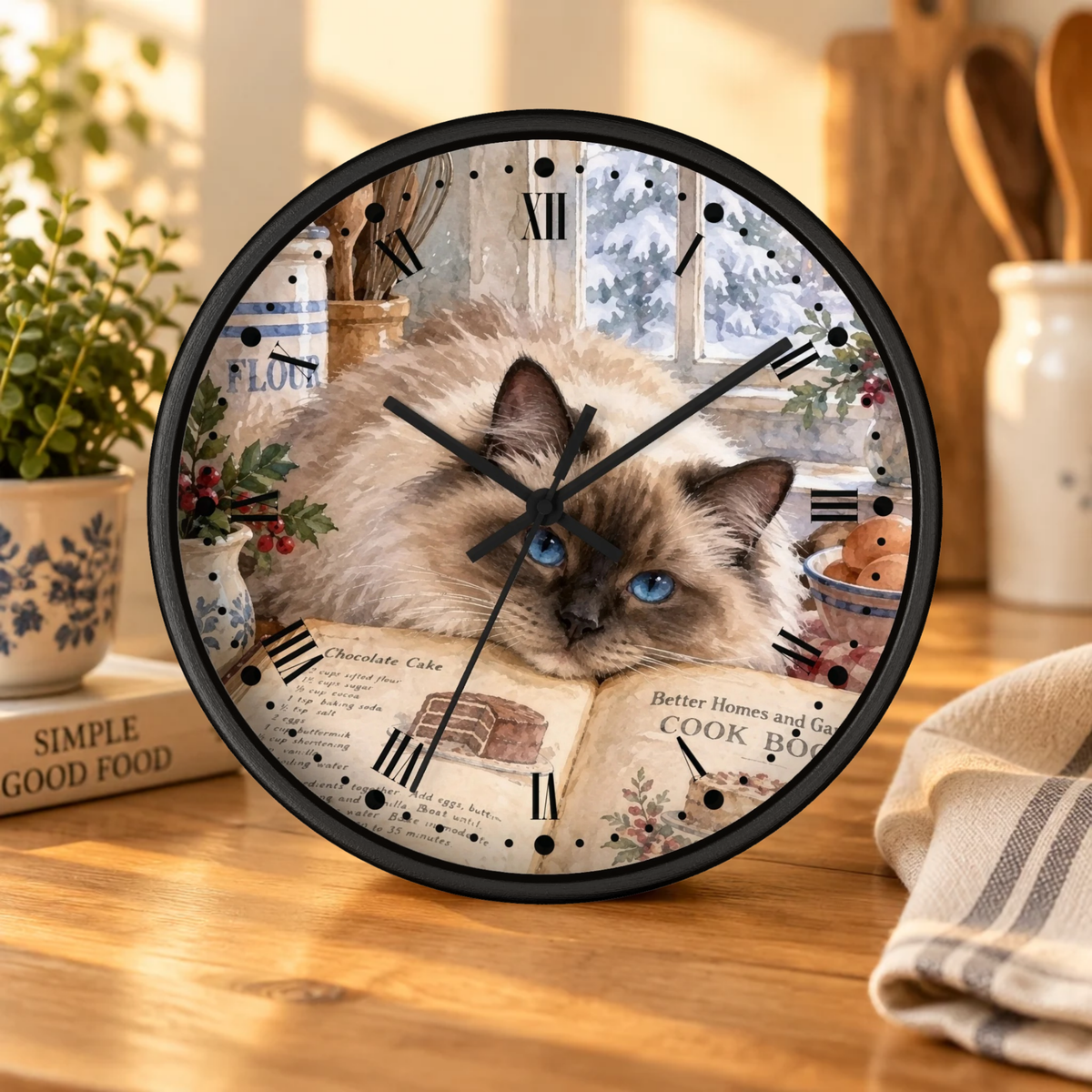 Himalayan Cat Cookbook Wood Wall Clock - Vintage Kitchen Decor
