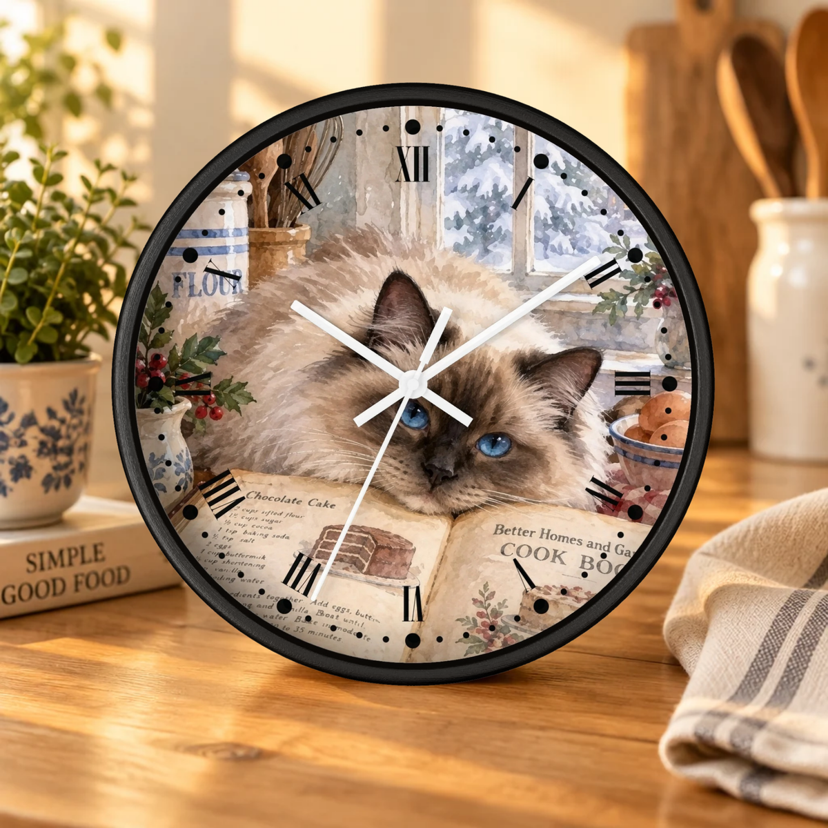 Himalayan Cat Cookbook Wood Wall Clock - Vintage Kitchen Decor