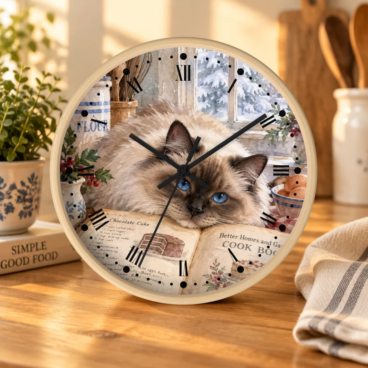 Himalayan Cat Cookbook Wood Wall Clock - Vintage Kitchen Decor