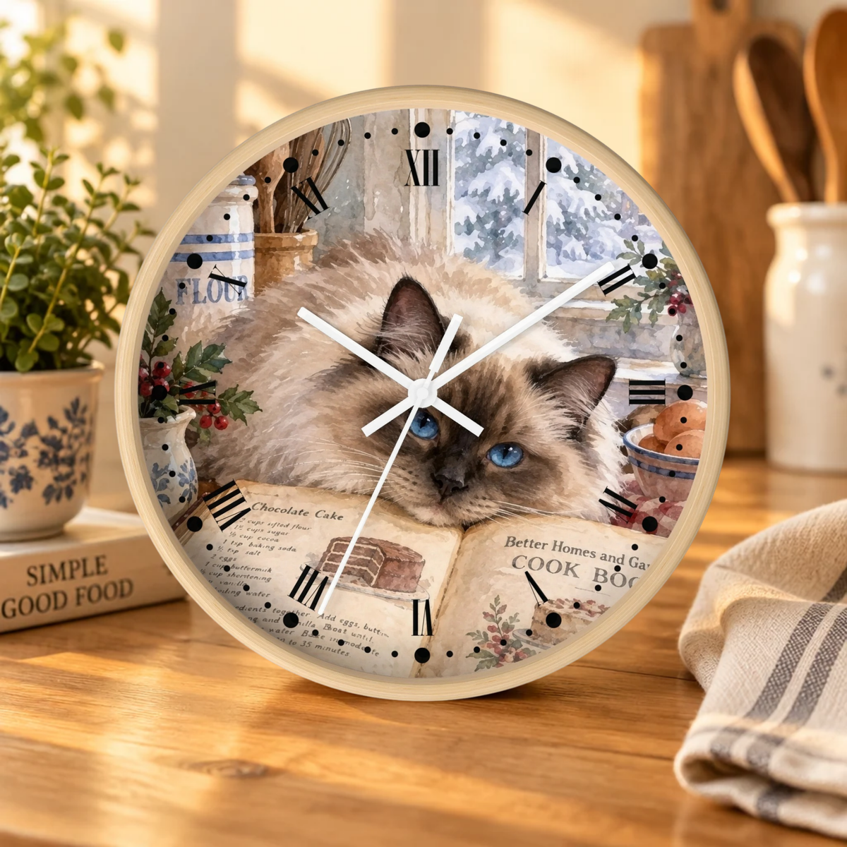 Himalayan Cat Cookbook Wood Wall Clock - Vintage Kitchen Decor