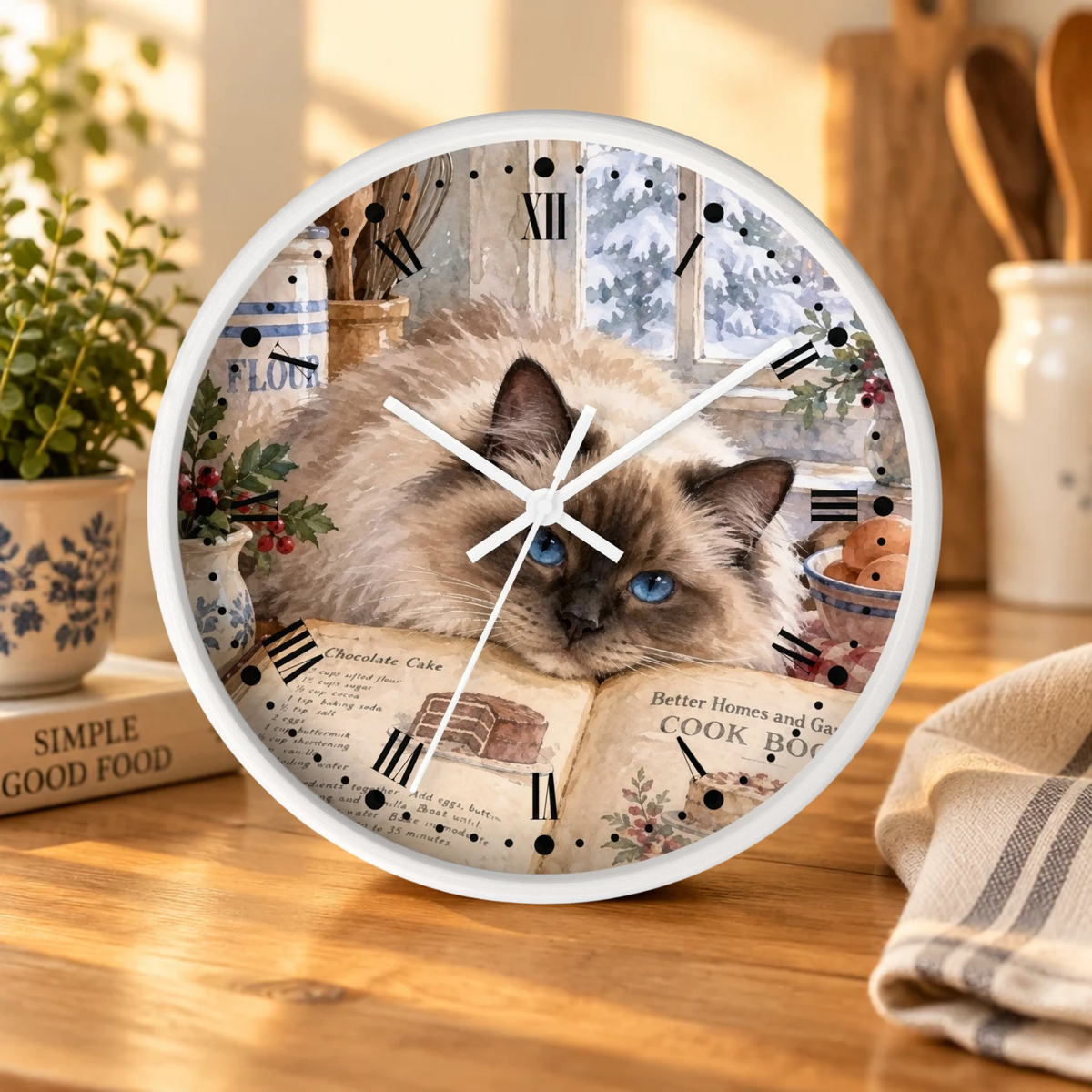 Himalayan Cat Cookbook Wood Wall Clock - Vintage Kitchen Decor