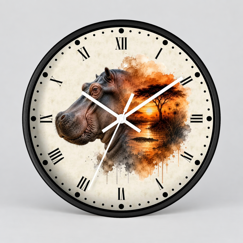 A round wall clock with a black frame and Roman numerals, featuring a split design: one half shows a realistic hippopotamus head, and the other half is a watercolor landscape in orange, brown, and black tones on an off-white background.