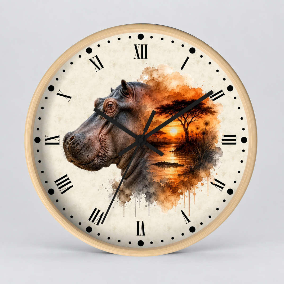 Round wall clock with a light wood frame and a printed dial featuring a hippopotamus head merging into an African savanna landscape with an orange sunset. The clock has black Roman numerals and black hands on a light gray background.