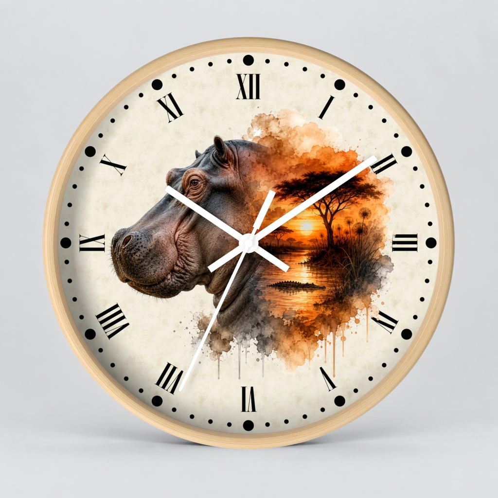 A round wall clock with a light wood frame, featuring a printed design of a hippopotamus head merging into an African savanna landscape at sunset. The clock face is off-white with black Roman numerals, black dots, and white hands, set against a neutral gray background.