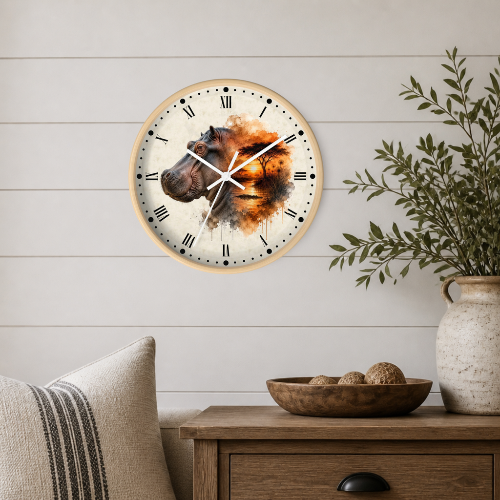 A round wall clock with a light wood frame hangs on a white shiplap wall above a wooden side table. The clock face features a watercolor-style hippopotamus illustration in earthy brown, orange, and cream tones with black Roman numerals and hands.