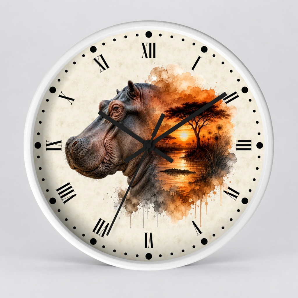 A round wall clock with a white outer rim and a cream-colored face featuring a hippopotamus illustration blending into an African savanna sunset scene. The clock has black Roman numerals, black dot hour markers, and black clock hands.