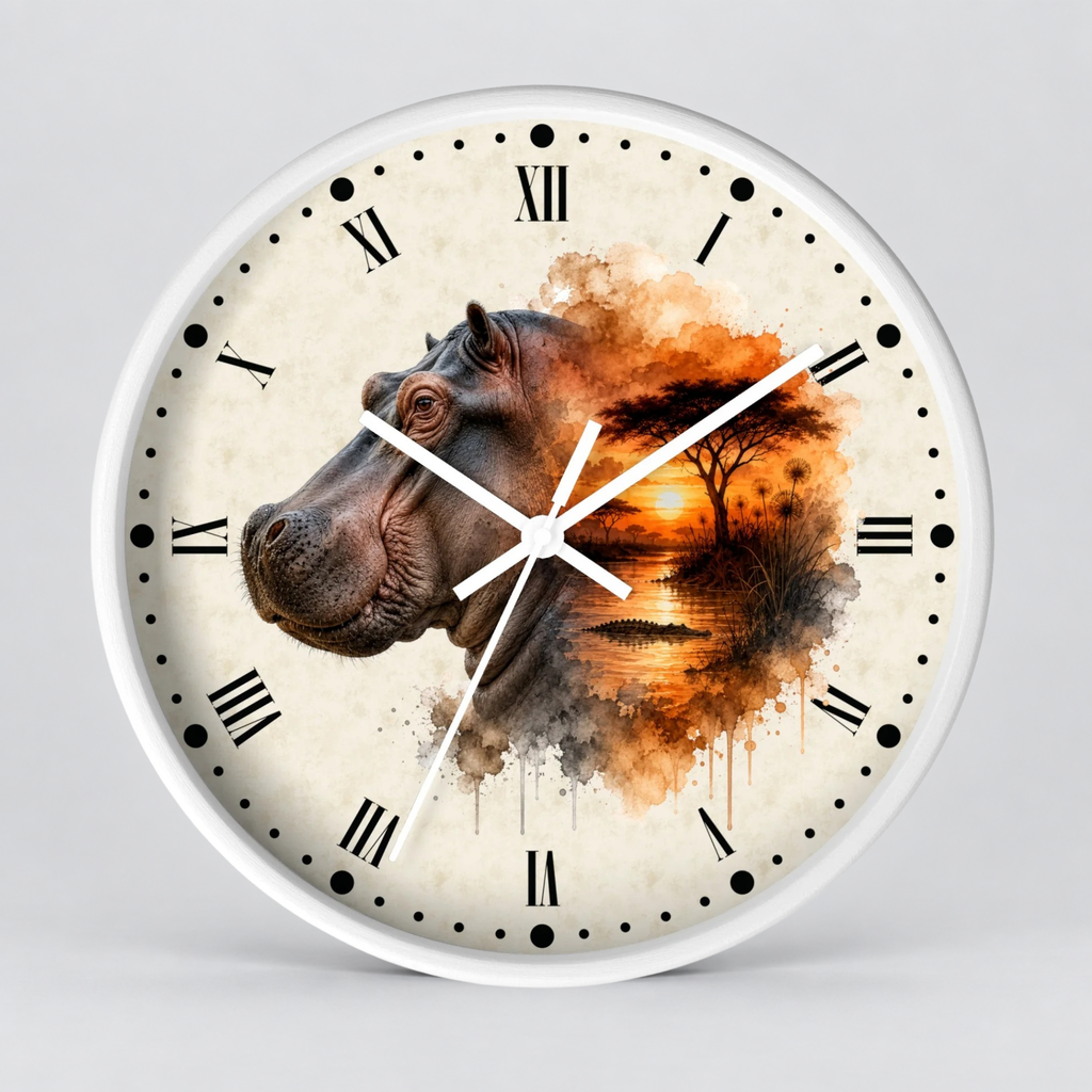 A round wall clock with a white frame and a printed dial featuring a hippopotamus head on the left and an orange-brown watercolor landscape on the right, with black Roman numerals and white clock hands on a light gray background.