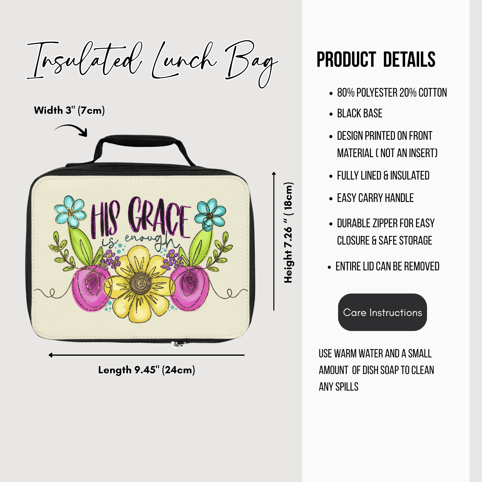 Insulated lunch bag with floral design and text 'His Grace is enough', featuring product details on a white background.