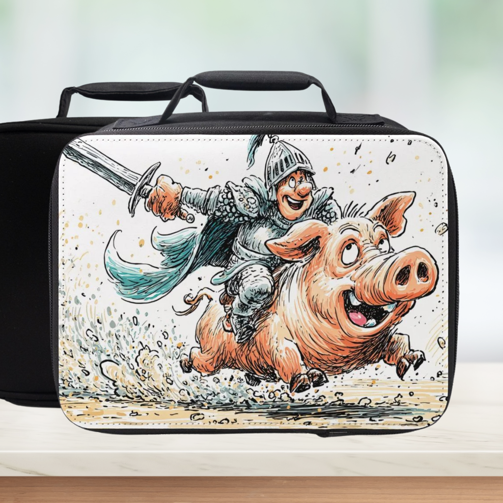Lunch bag with a cartoon design of a knight riding a pig