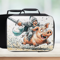 Lunch bag with a cartoon design of a knight riding a pig