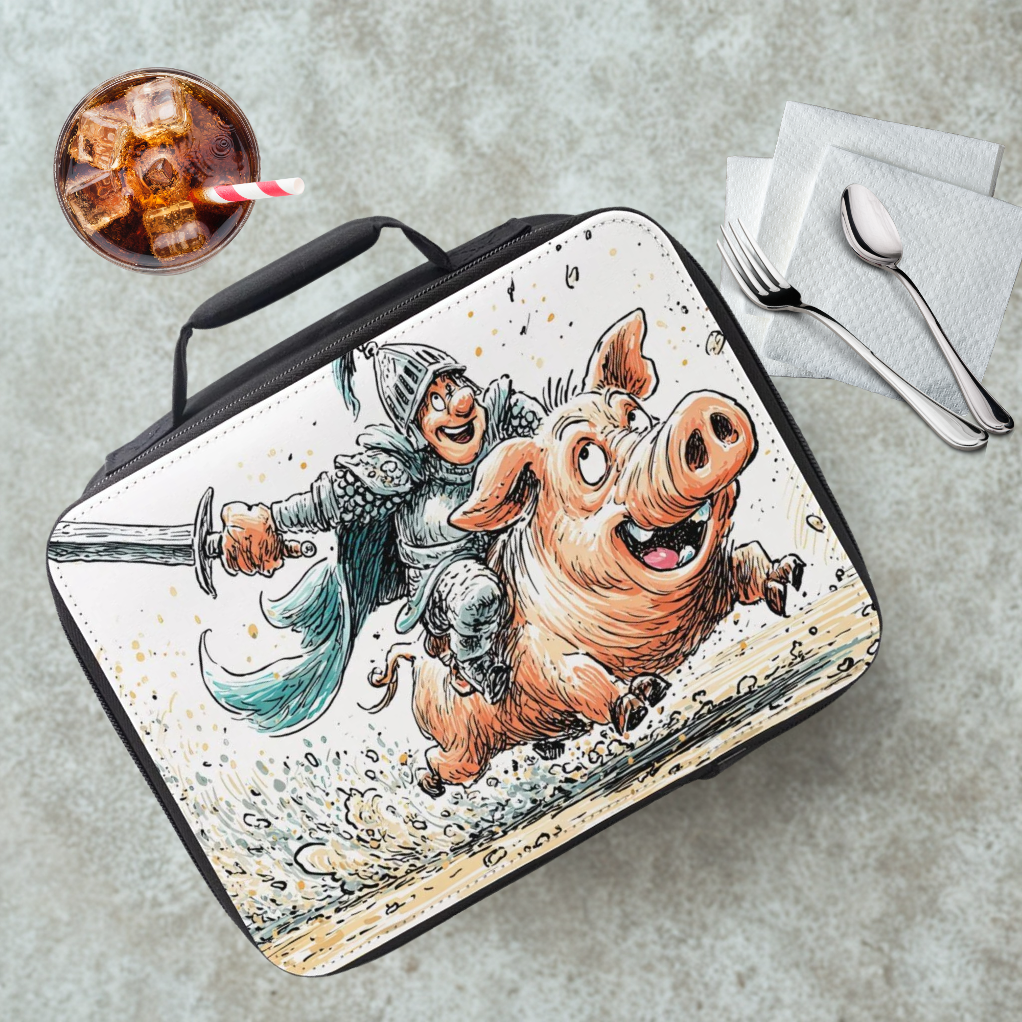 Lunch bag with a cartoon design of a pig and a knight on a gray table with a drink and utensils.