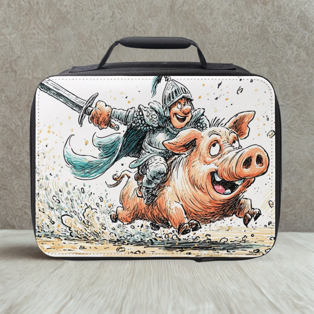 Lunch bag with a cartoon design of a knight riding a pig on a gray background