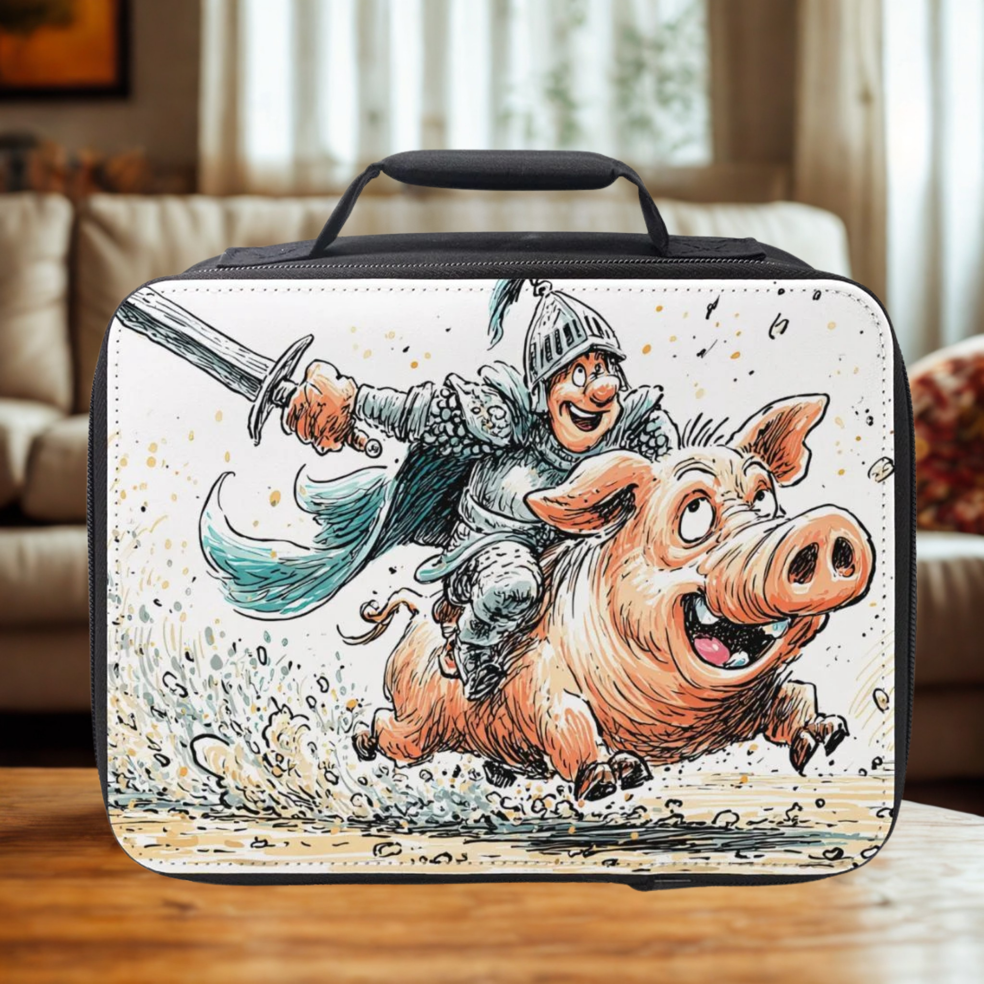  insulated lunch bag with a cartoon design of a knight riding a pig