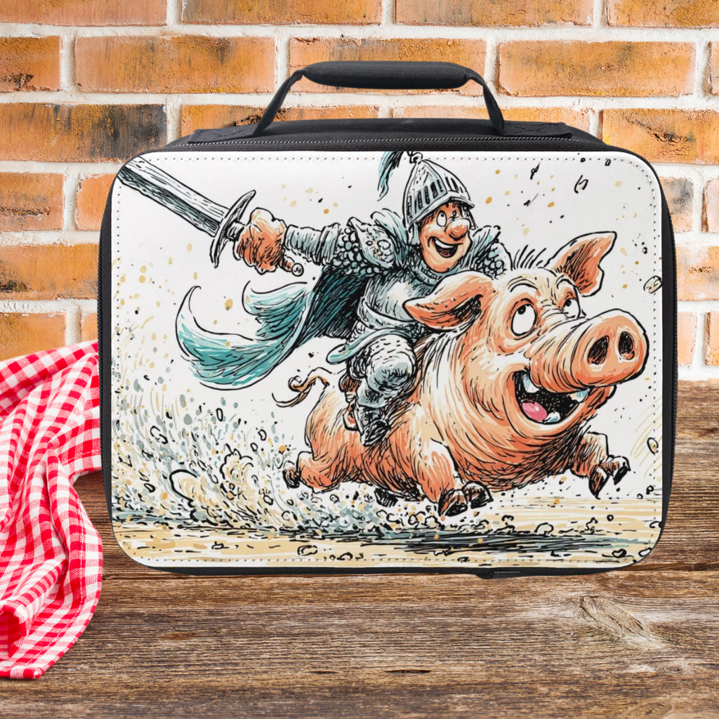 Lunch bag with a knight riding a pig design on a brick wall background