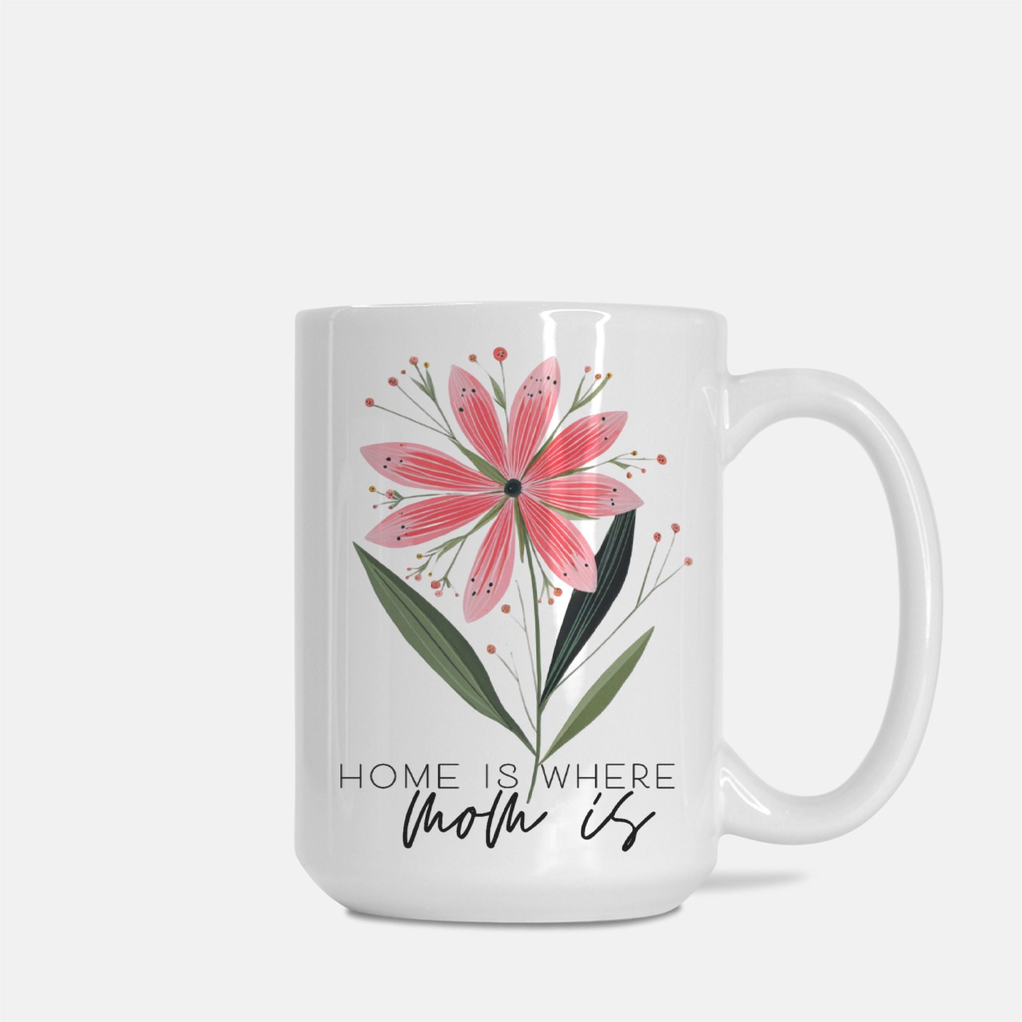 White mug with pink floral design and text 'Home is where Mom is' on a white background