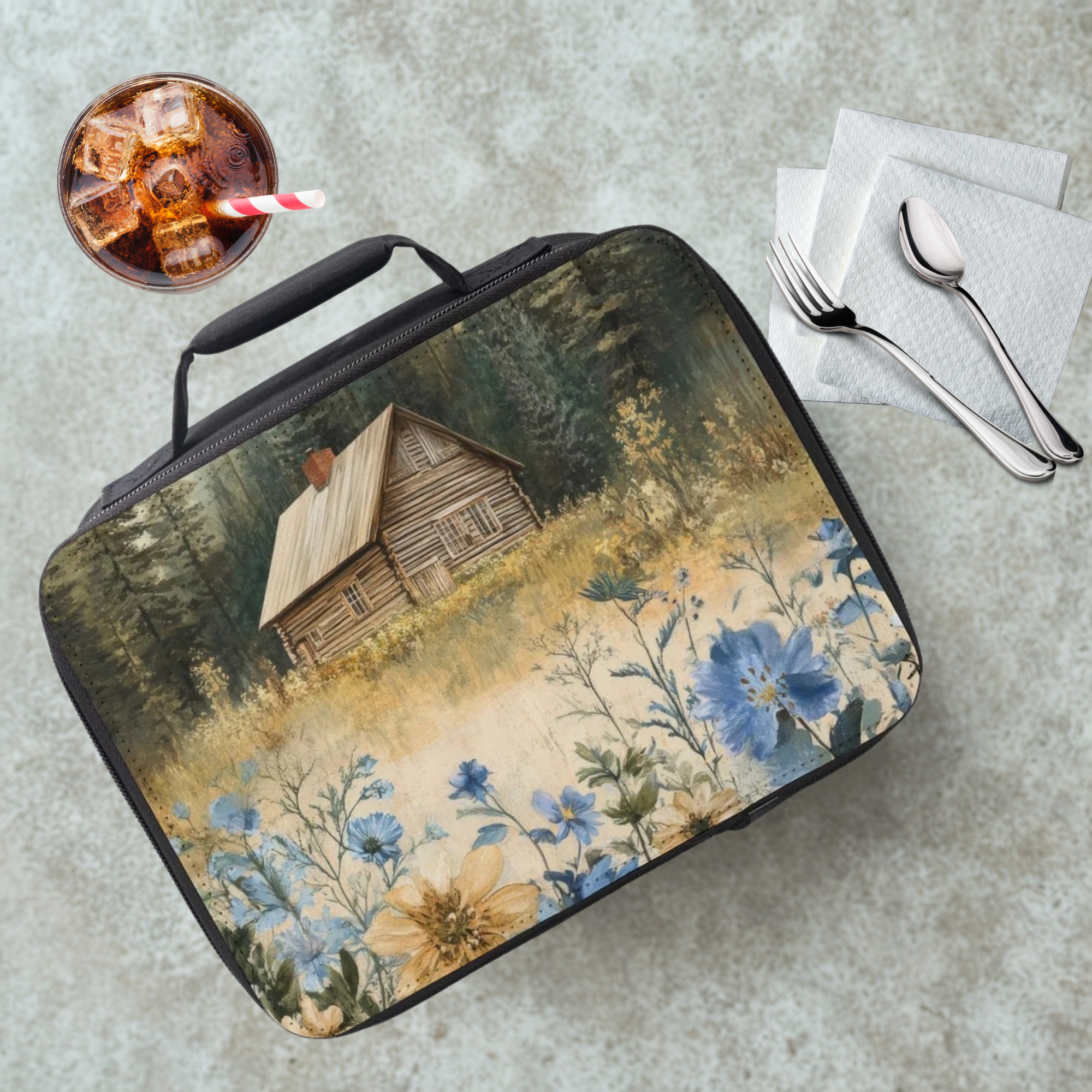  insulated lunch bag with nature design on a cafeteria table with a drink and utensils