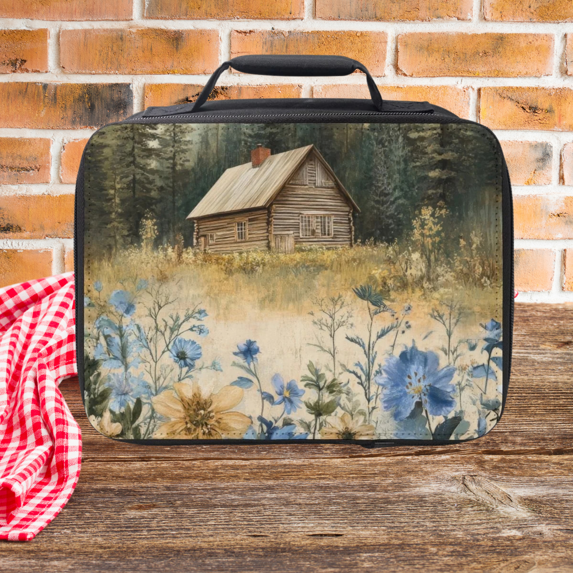 Lunch bag with nature-themed design featuring a cabin and flowers on a wooden picnic table against a brick wall background