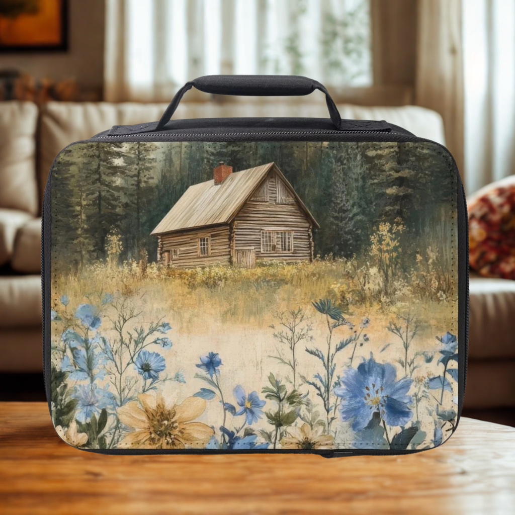  insulated lunch bag with a cabin and floral design on a wooden table in a living room