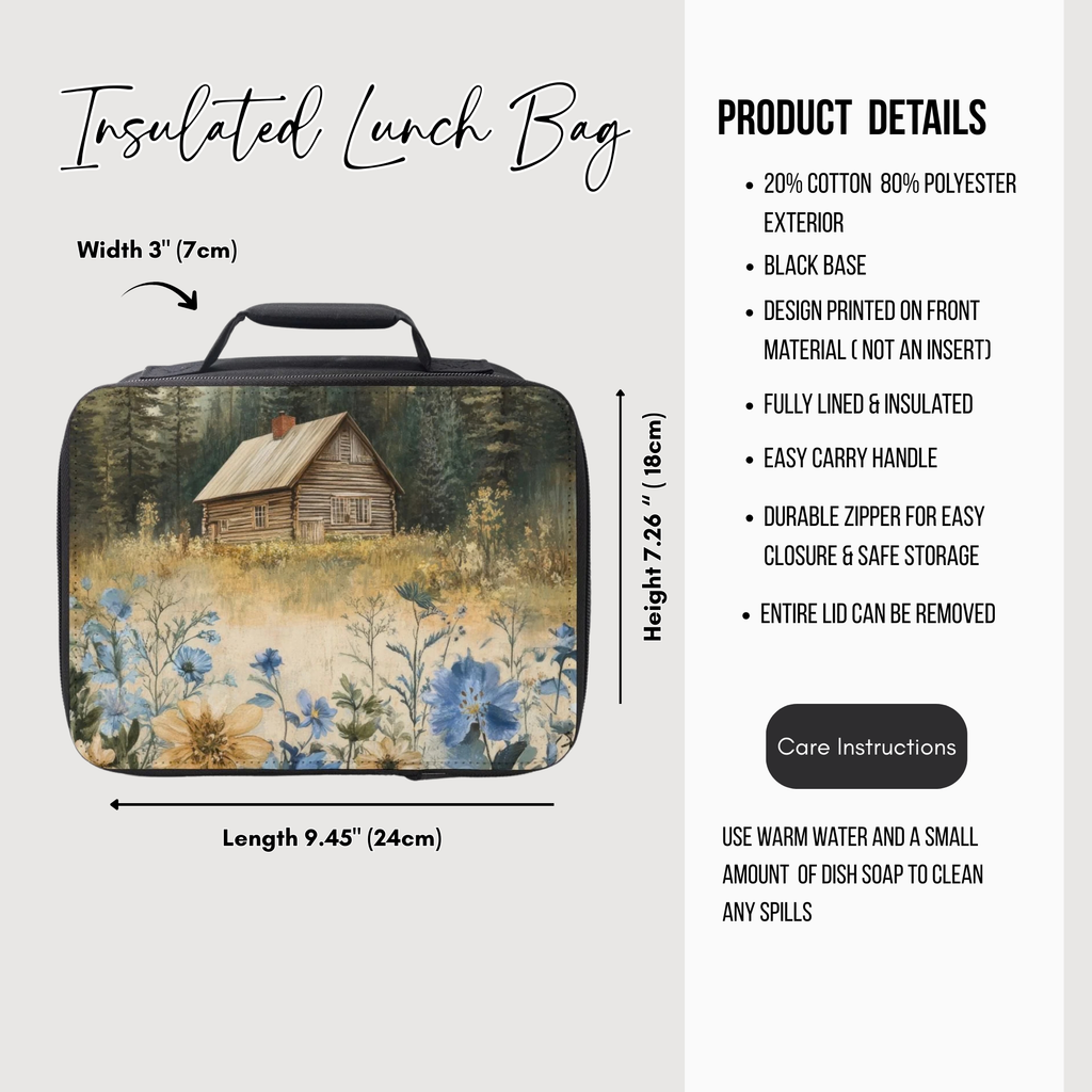 Insulated lunch bag with cabin and floral design, featuring product details on a white background.