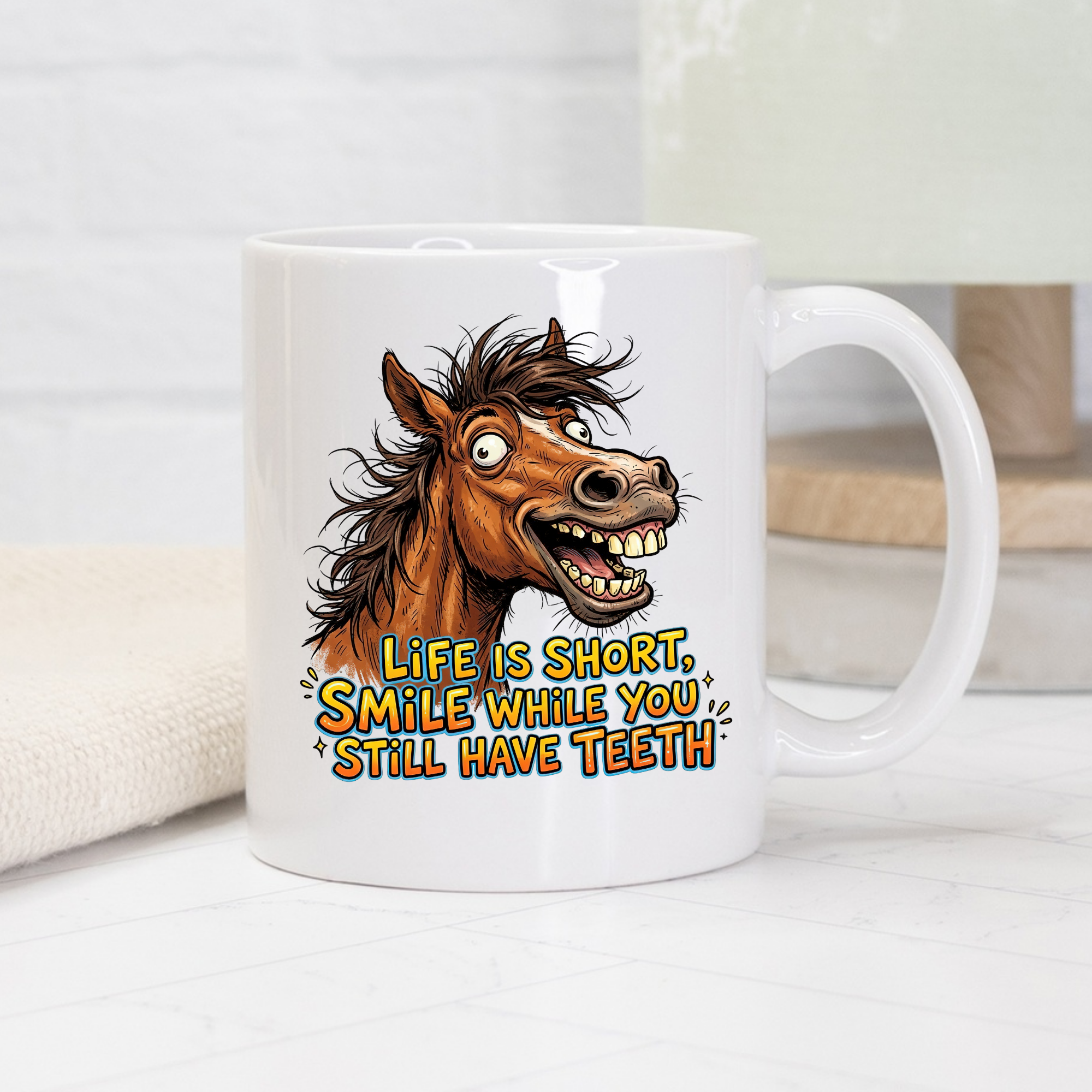 White mug with a cartoon horse and humorous text on a white surface.