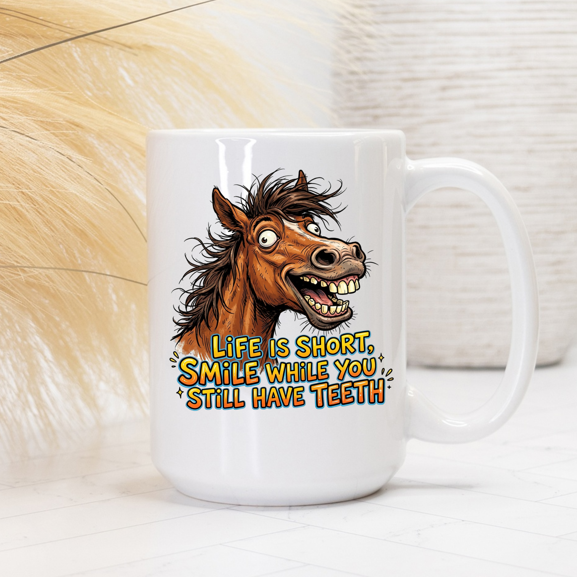 White 15oz. mug with a cartoon horse and humorous quote on a textured surface