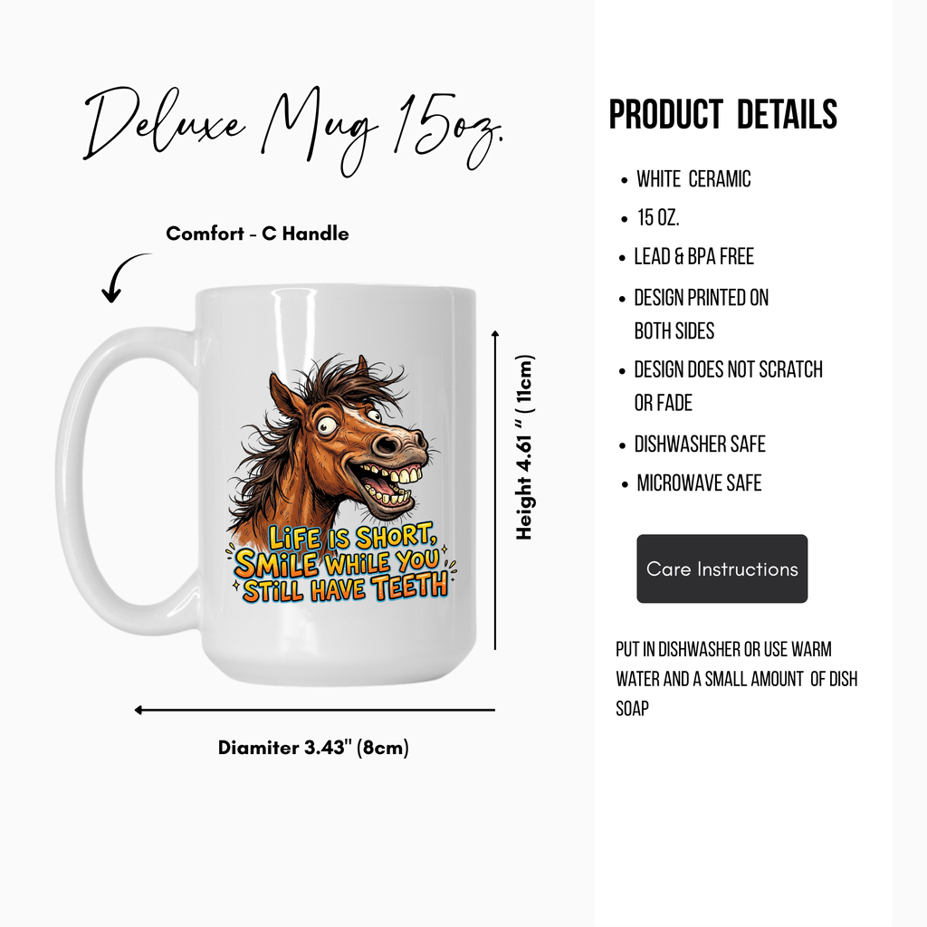15oz. White ceramic mug with a horse graphic and text, featuring product details on a white background.