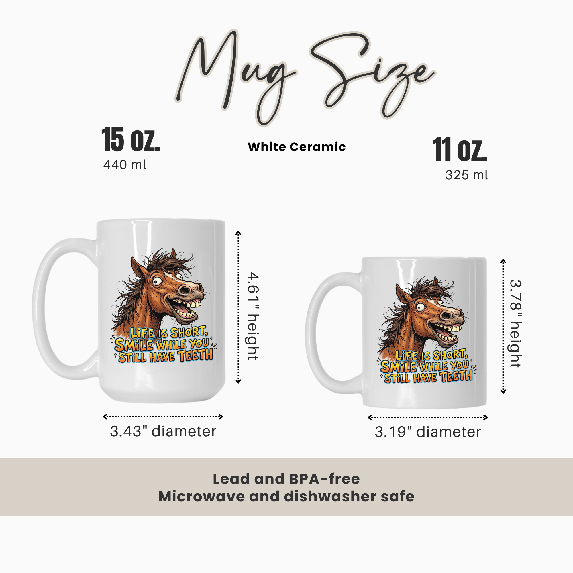 15oz. and 11oz. mugs with a horse design and text, showing size comparison and dimensions.