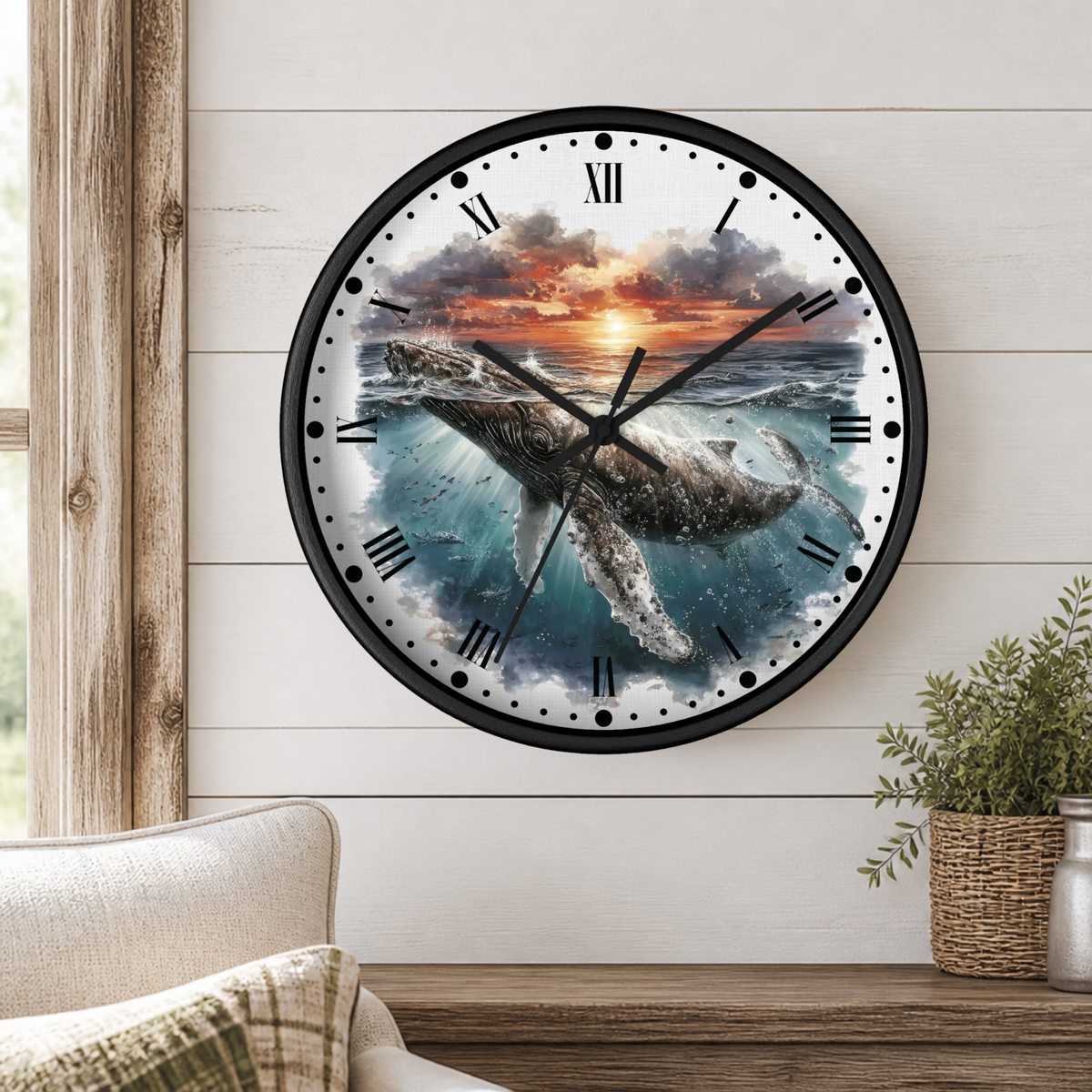 Humpback Whale Sunset Wall Clock — Ocean Animal Decor