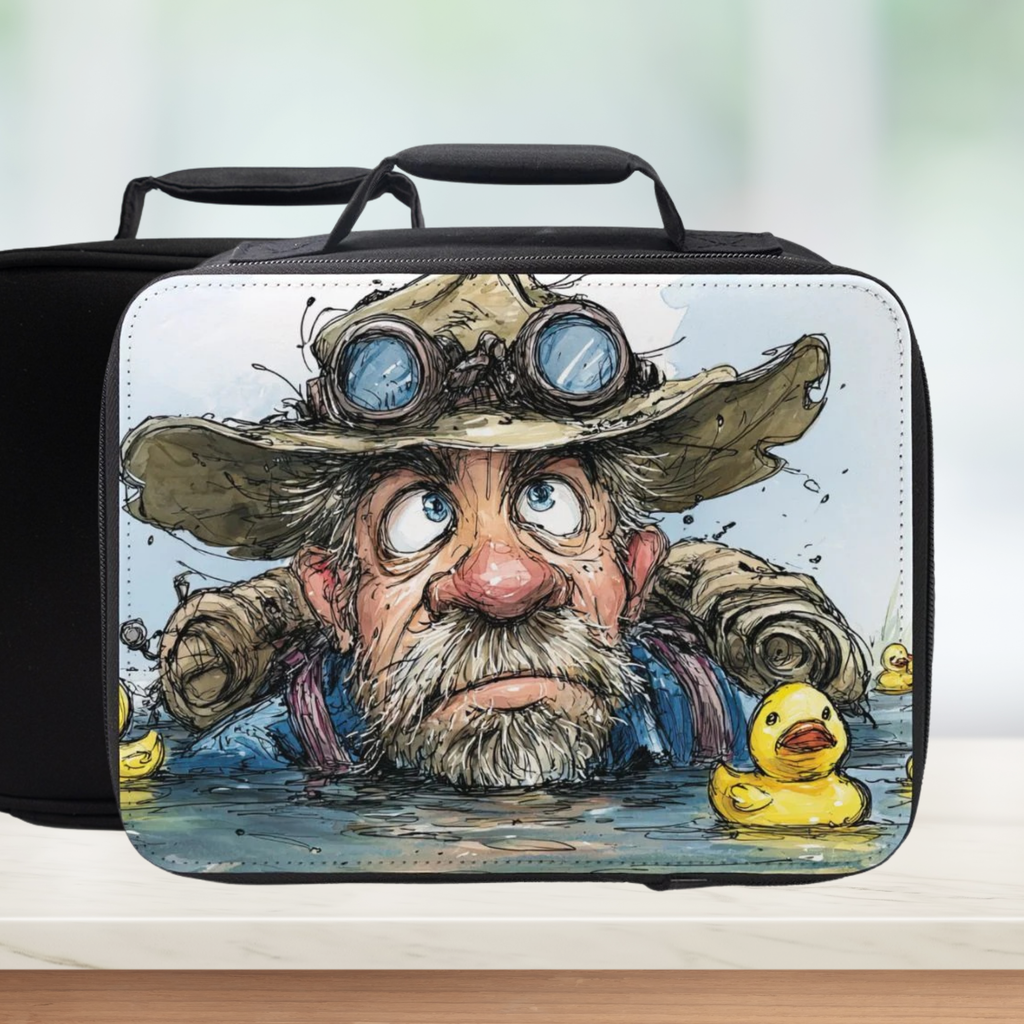  insulated lunch bag with a cartoon character hunter surrounded by yellow rubber ducks design on a white background