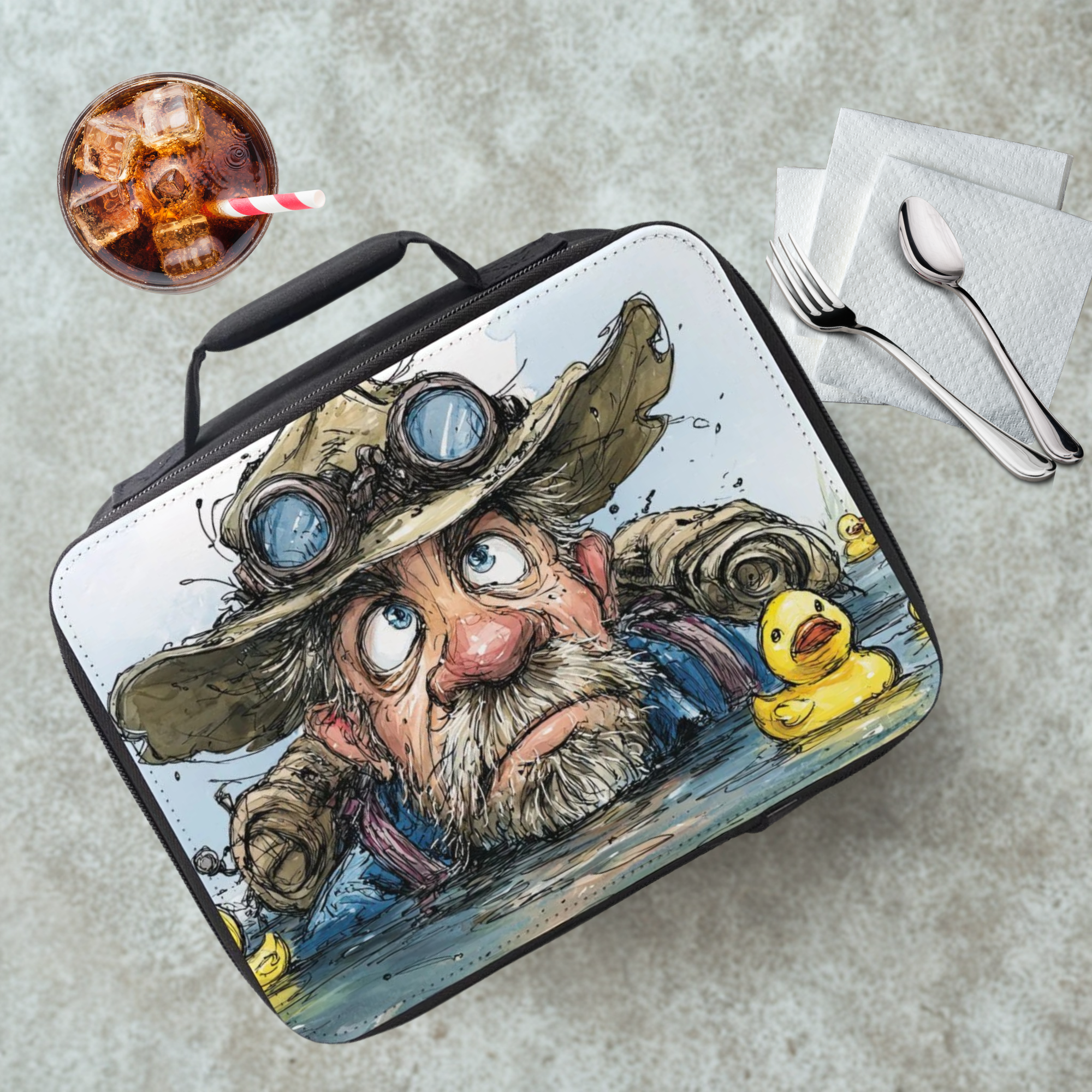 Lunch bag with a cartoon character design on a cafeteria table with a drink and utensils.