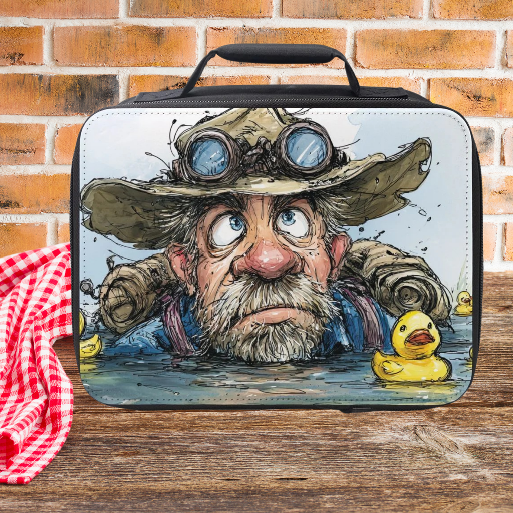 Lunch bag with a cartoon character design on a wooden picnic table and a brick wall background