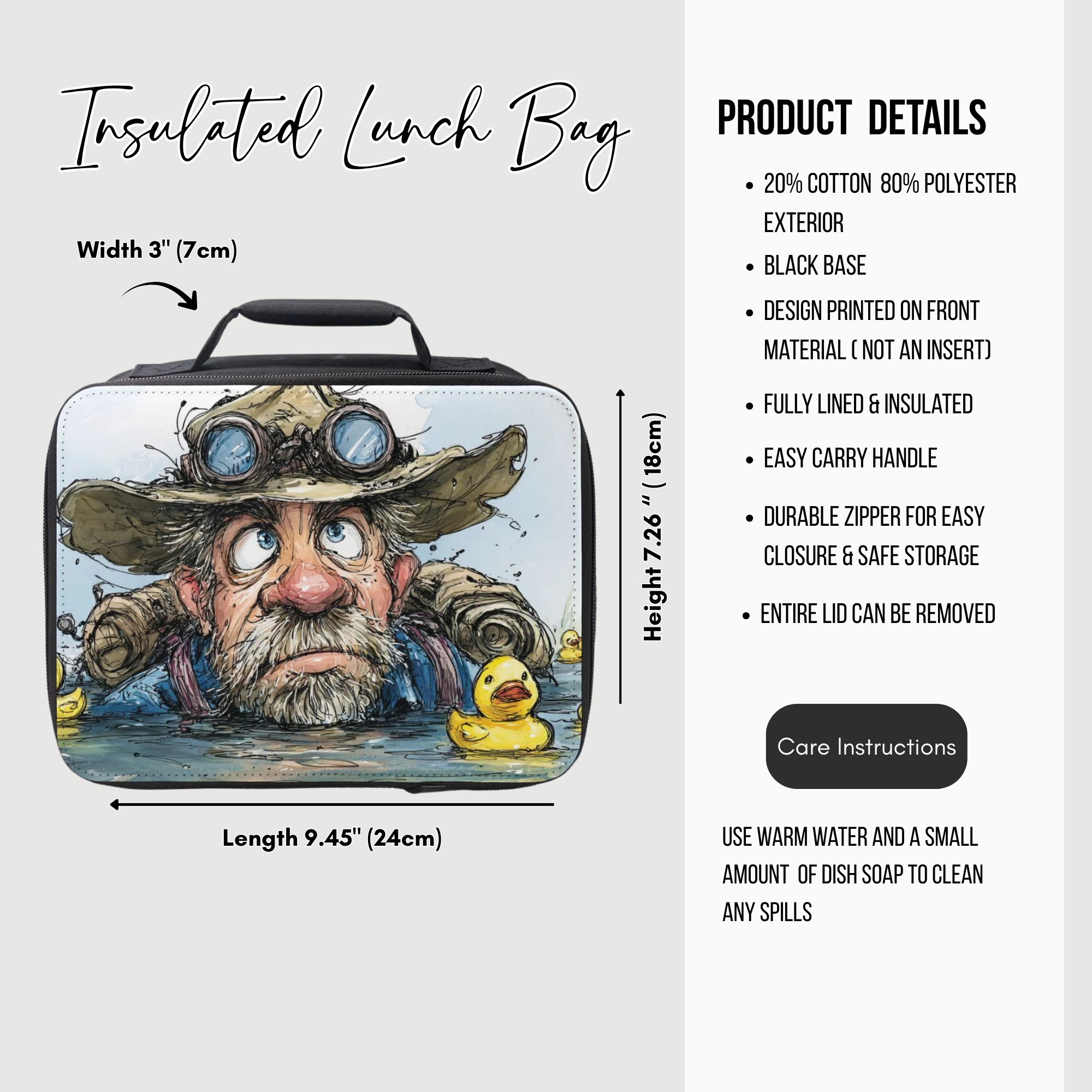 Insulated lunch bag with cartoon character design and product details on a white background