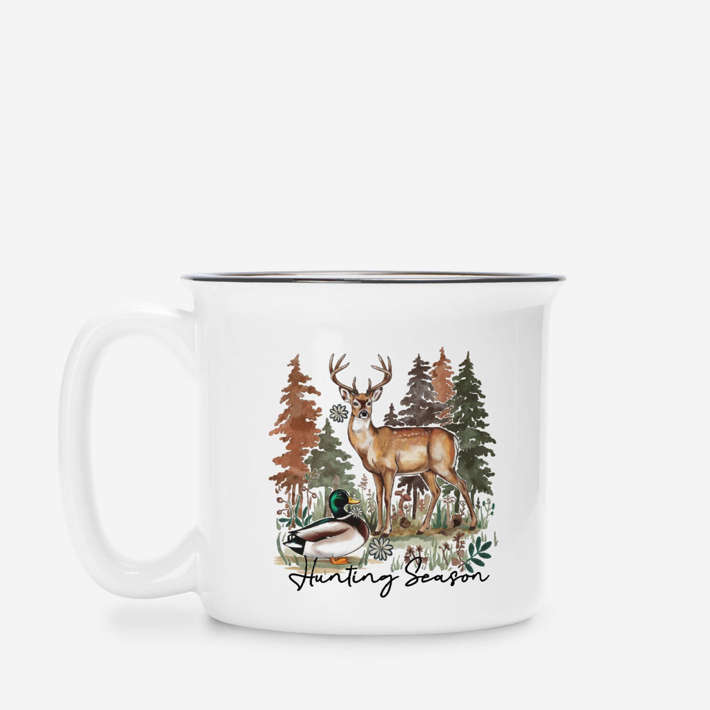 Mug with a deer and duck design and 'Hunting Season' text on a white background