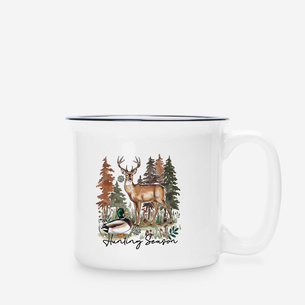 Mug with a deer and duck design labeled 'Hunting Season' on a white background