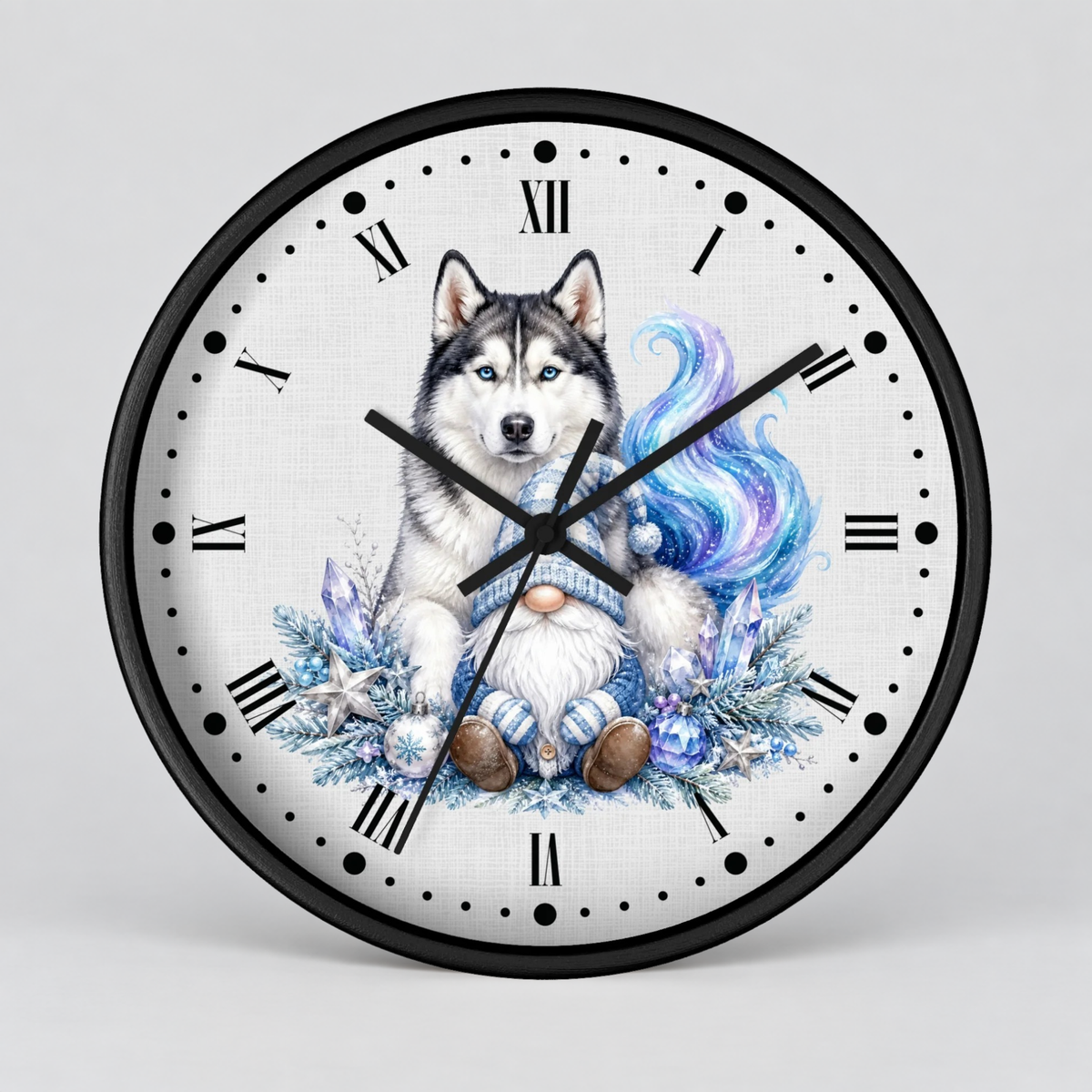 Husky Gnome Winter Wall Clock — Colorful Nordic Dog Decor