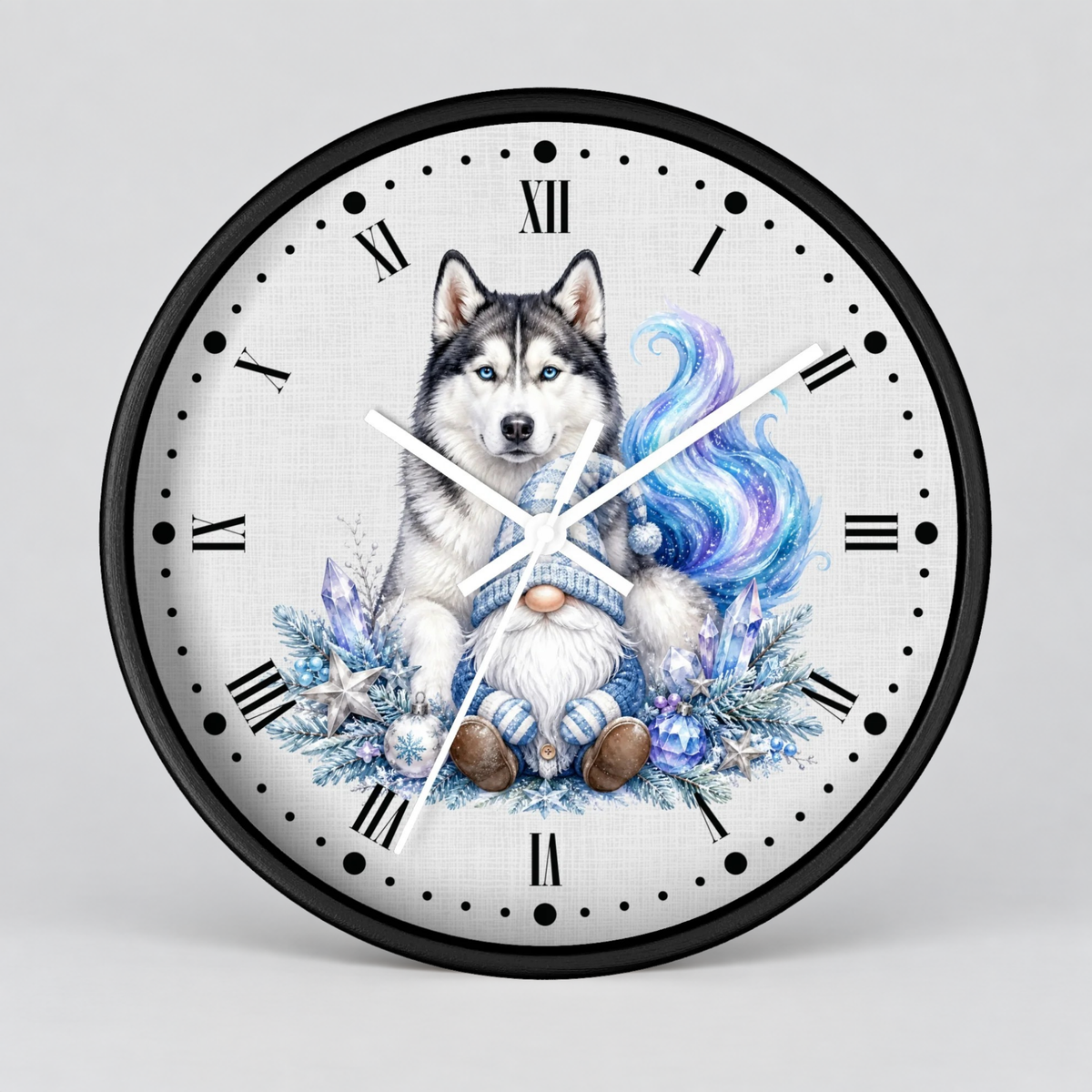 Husky Gnome Winter Wall Clock — Colorful Nordic Dog Decor