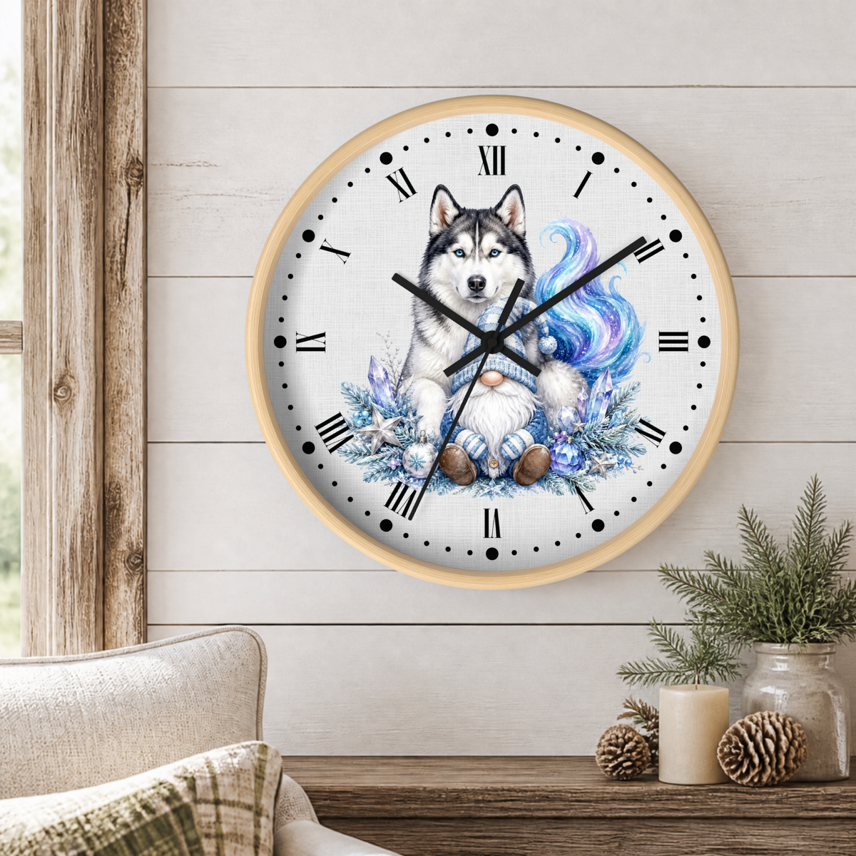 Husky Gnome Winter Wall Clock — Colorful Nordic Dog Decor