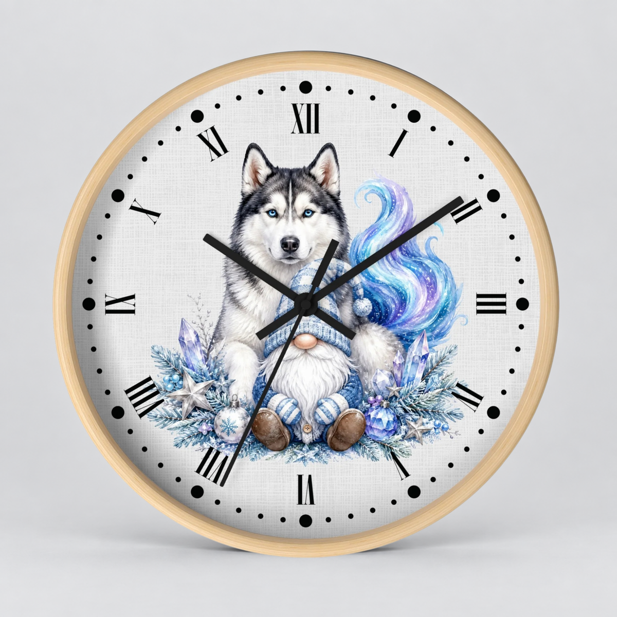 Husky Gnome Winter Wall Clock — Colorful Nordic Dog Decor