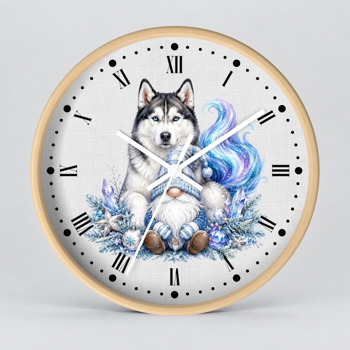 Husky Gnome Winter Wall Clock — Colorful Nordic Dog Decor