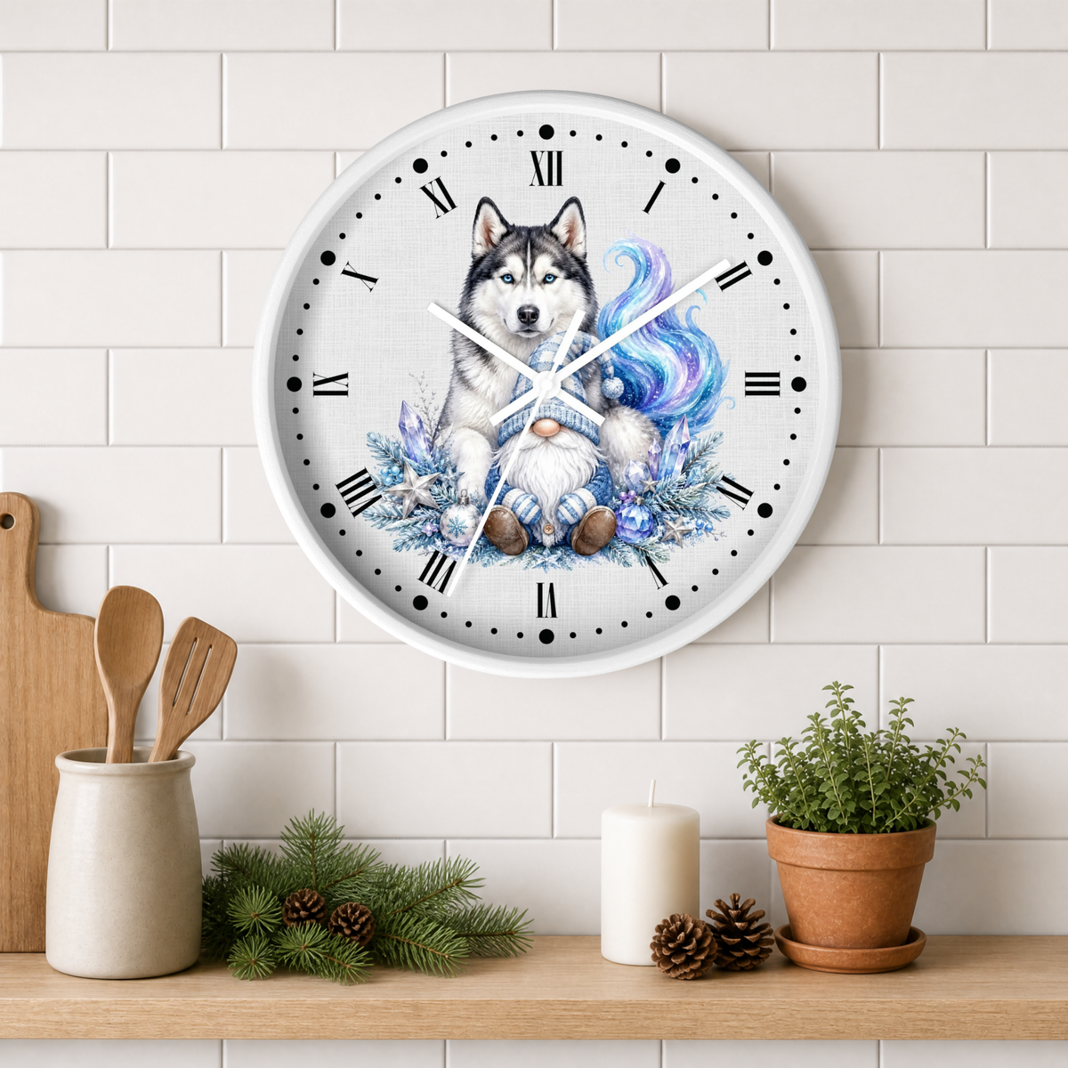 Husky Gnome Winter Wall Clock — Colorful Nordic Dog Decor