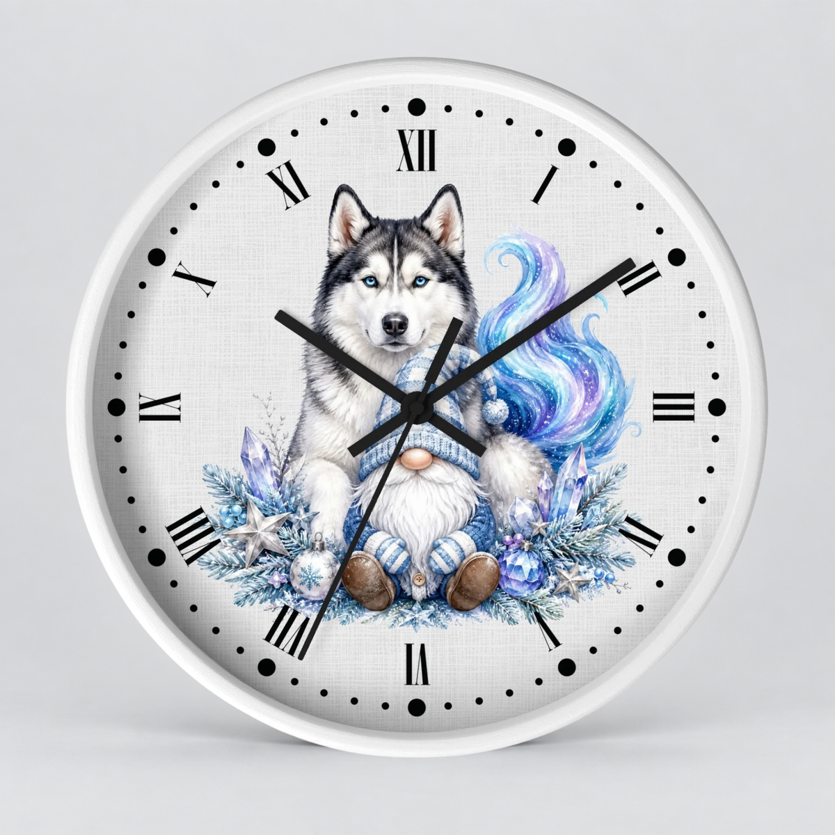 Husky Gnome Winter Wall Clock — Colorful Nordic Dog Decor