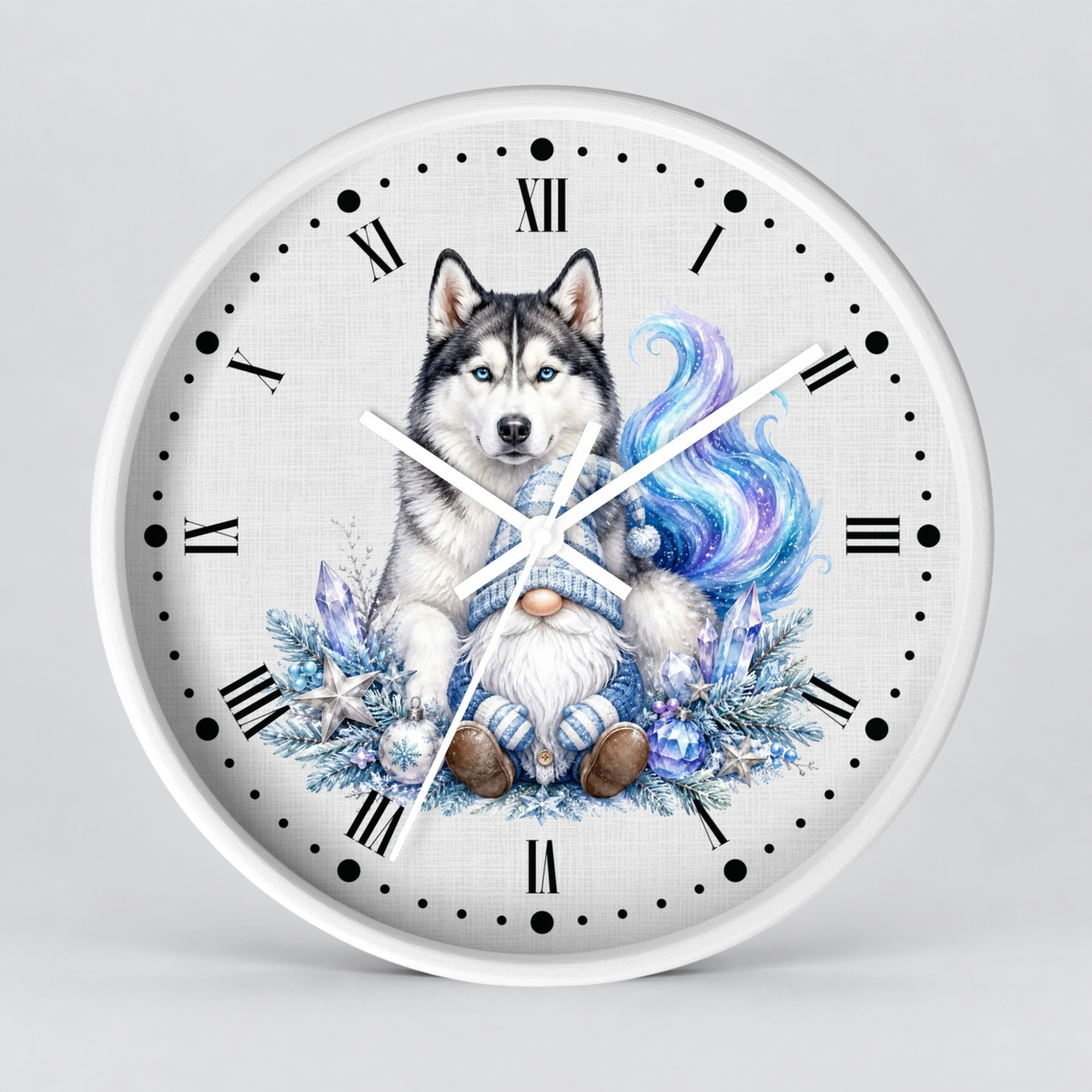 Husky Gnome Winter Wall Clock — Colorful Nordic Dog Decor