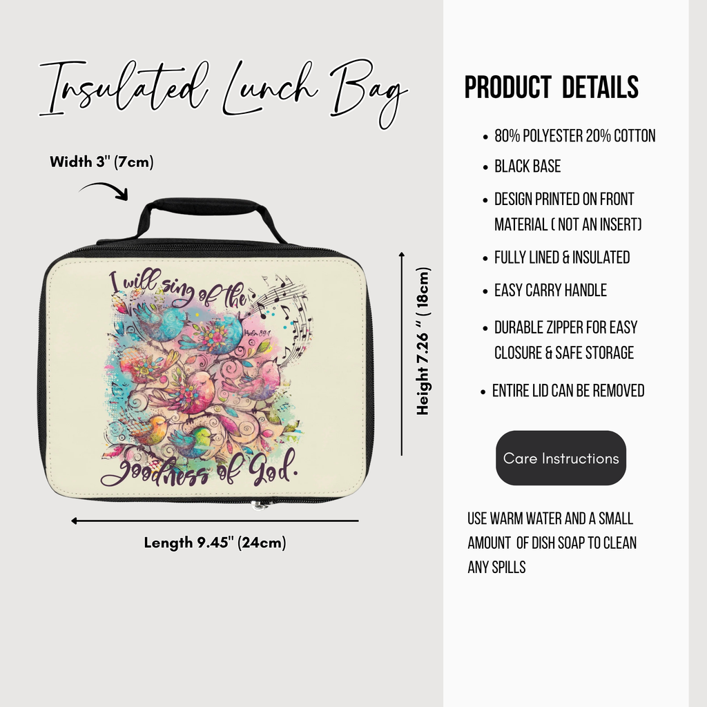 Insulated lunch bag with colorful bird design and text, featuring product details on a white background.