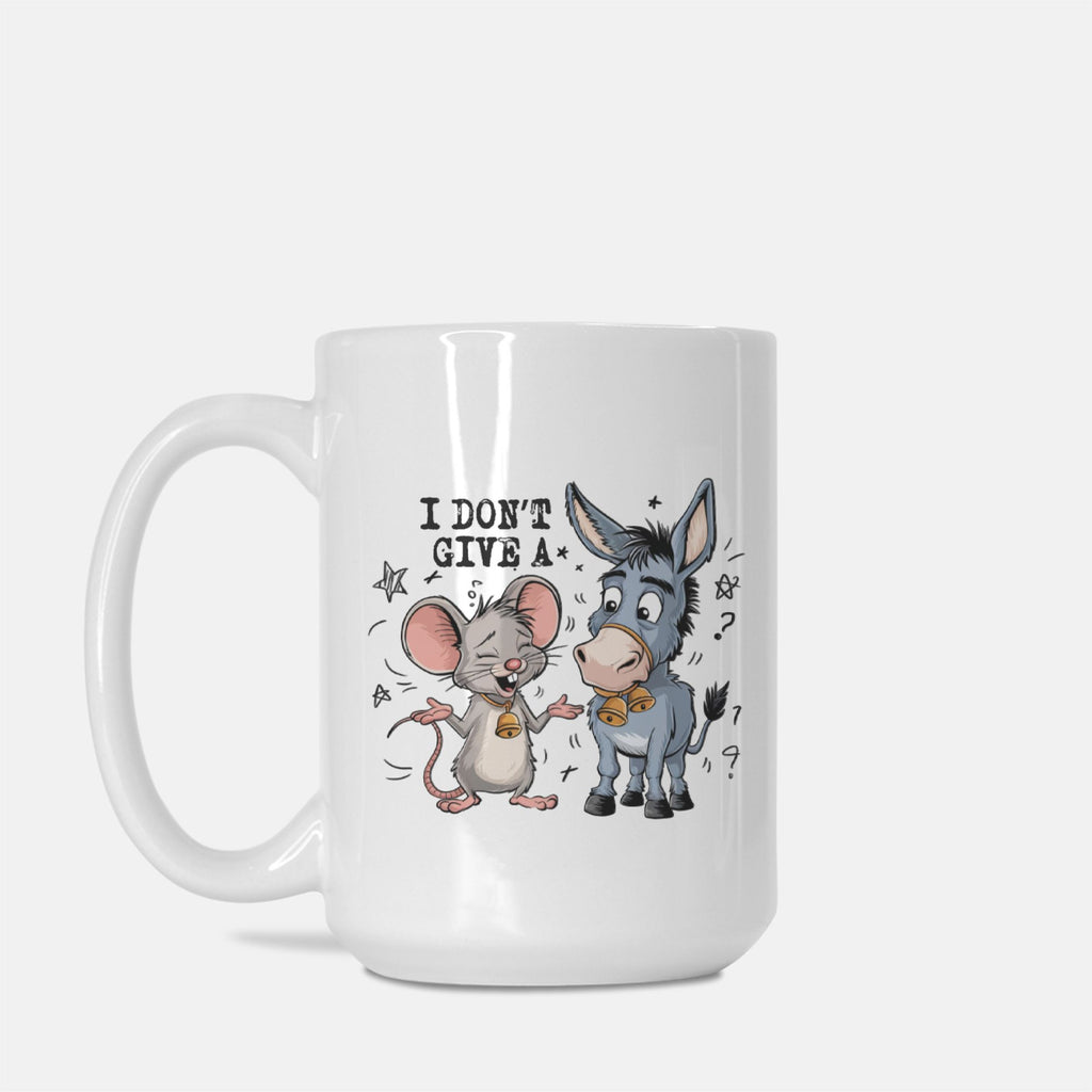 White mug with cartoon mouse and donkey design and text 'I Don't Give A' on a white background
