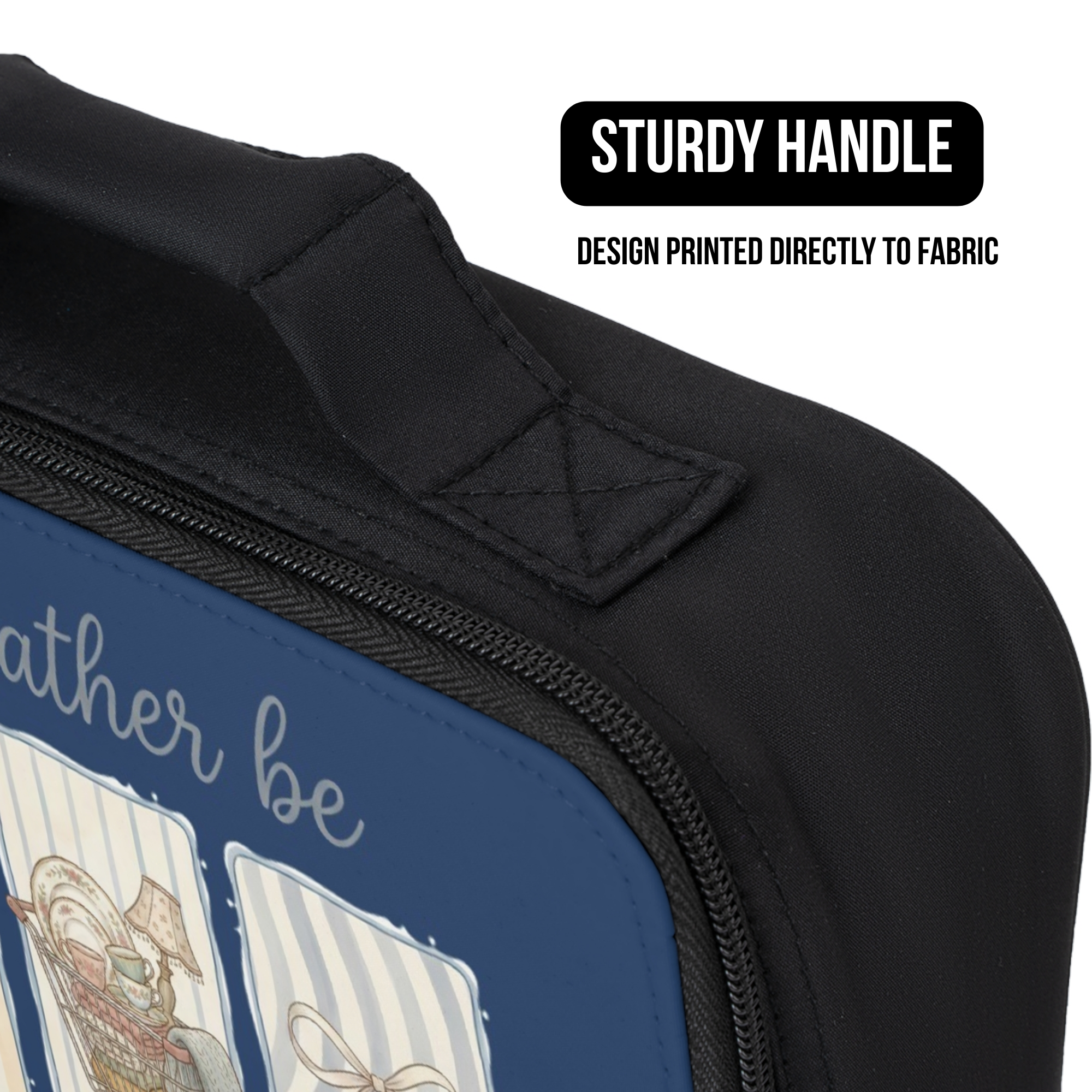 Black lunch bag with a blue shopping design printed directly to fabric, featuring text and illustrations.