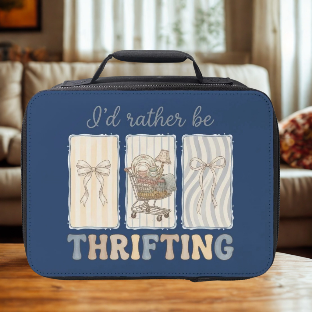 Blue lunch bag with 'I'd rather be thrifting' text and illustrations on a wooden living room table.