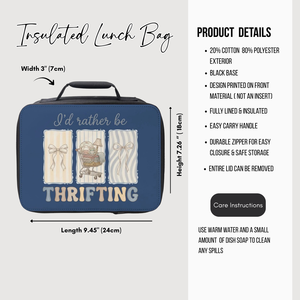 Insulated lunch bag with 'I'd rather be thrifting' design and product details on a white background
