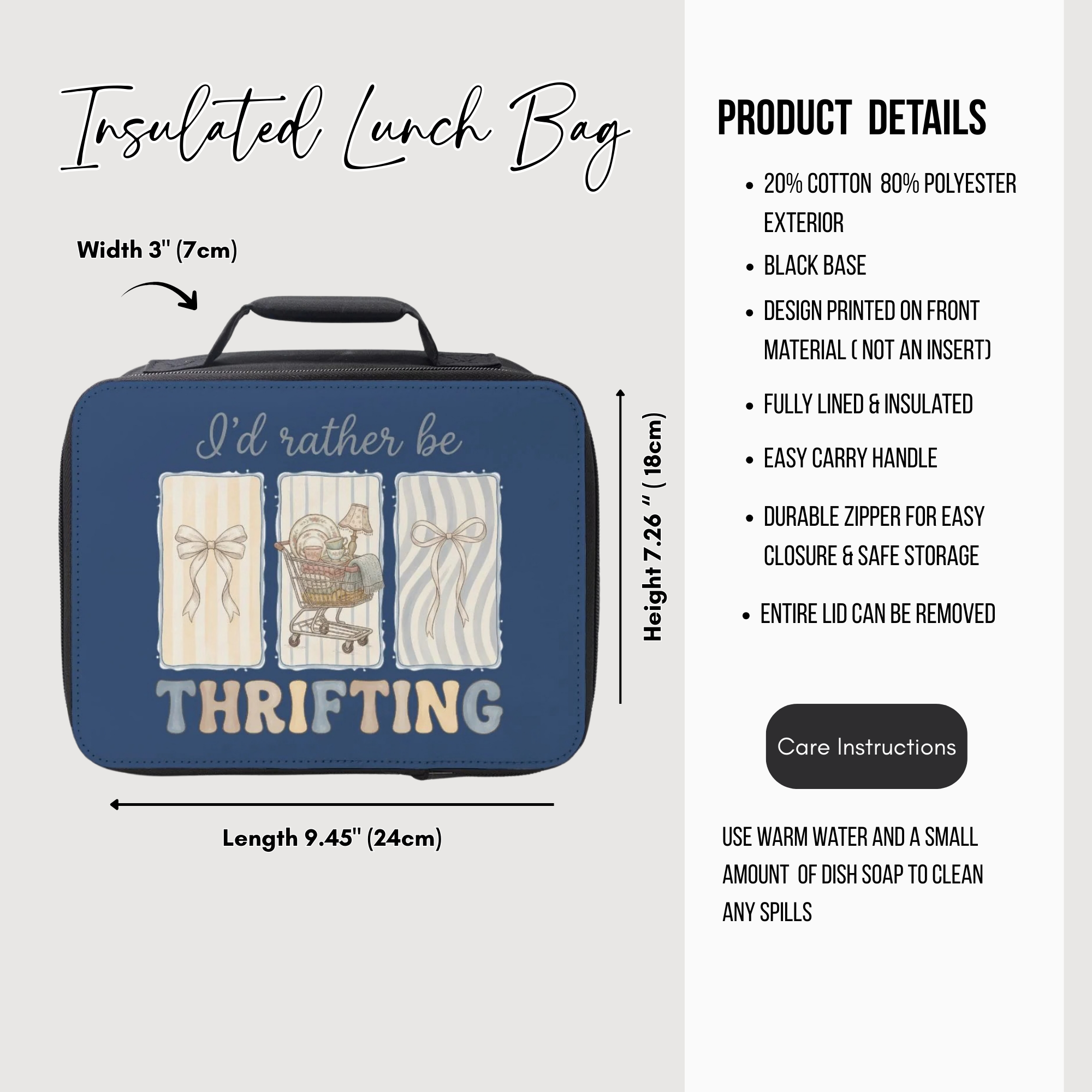 Insulated lunch bag with 'I'd rather be thrifting' design and product details on a white background